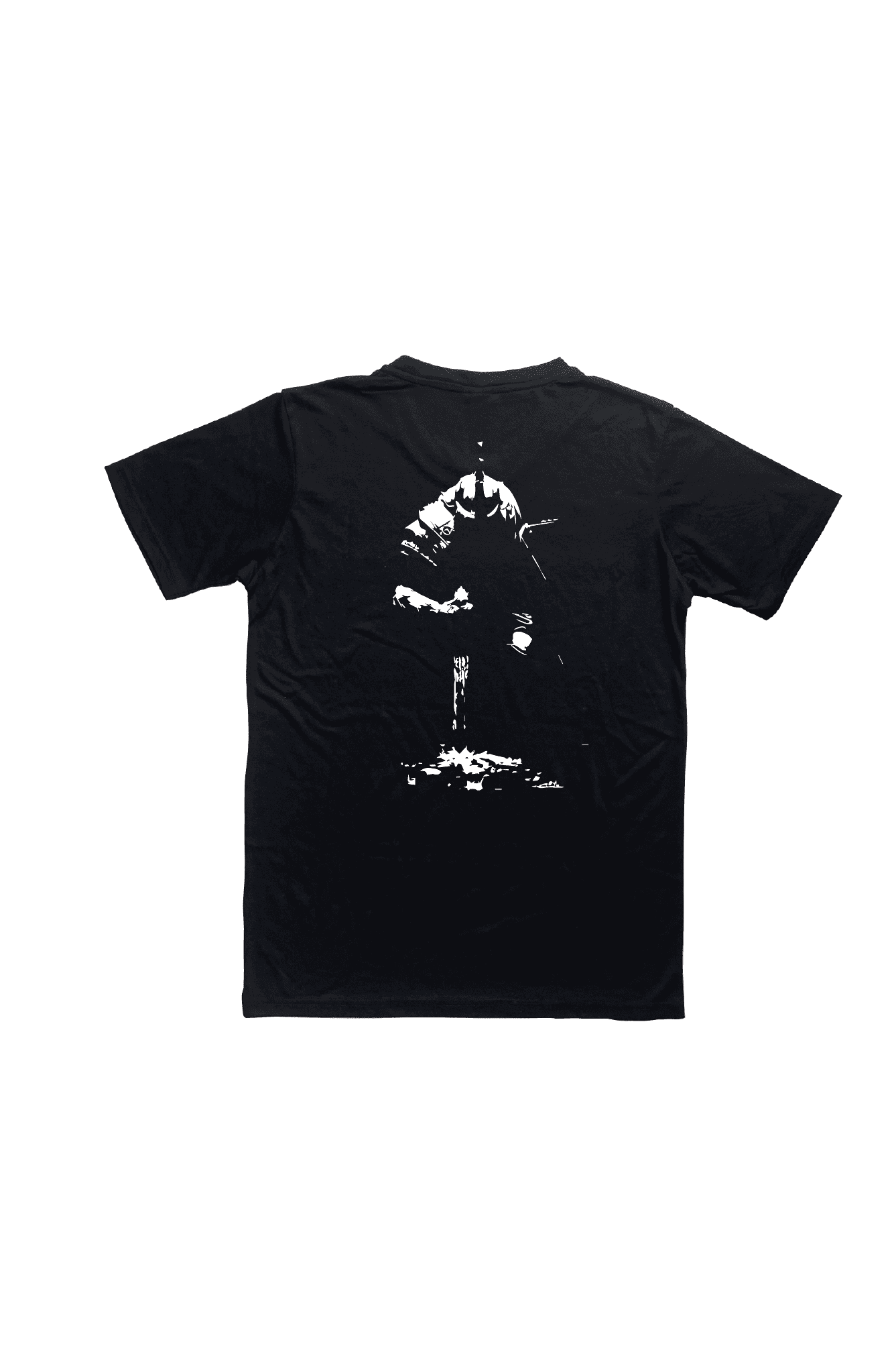 Back of a black unisex t-shirt with a warrior silhouette printed in white.