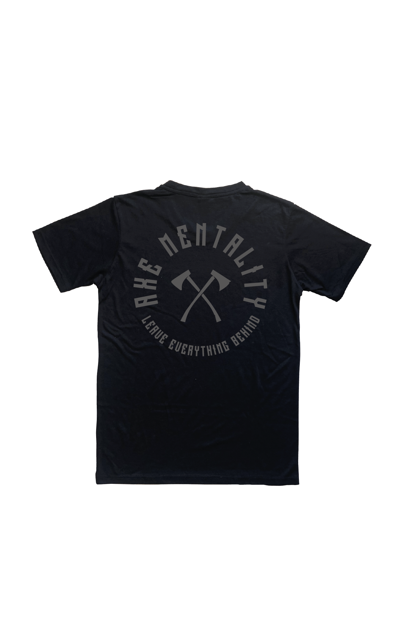 Black t-shirt with typographic print and an axe element printed on in grey