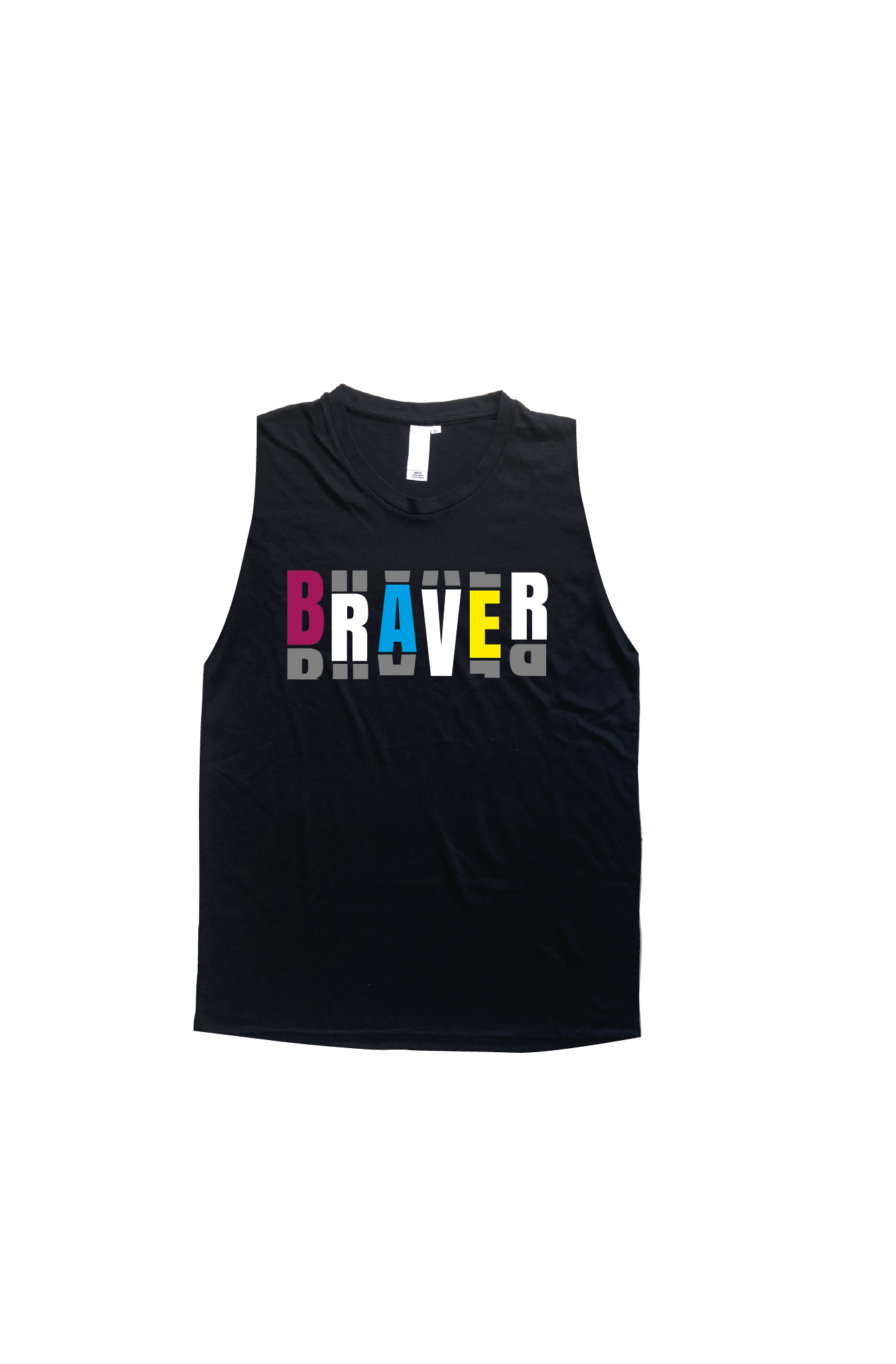 Black tank top with the word BRAVER on the chest in a variety of colours