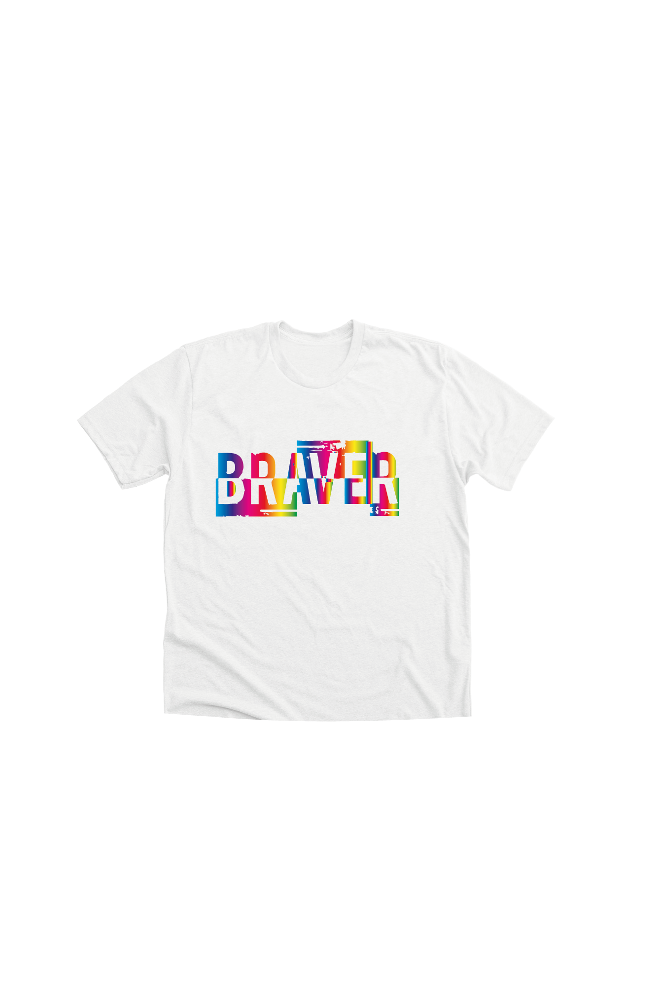 White crop top with the word BRAVER on the chest printed in a rainbow colour way