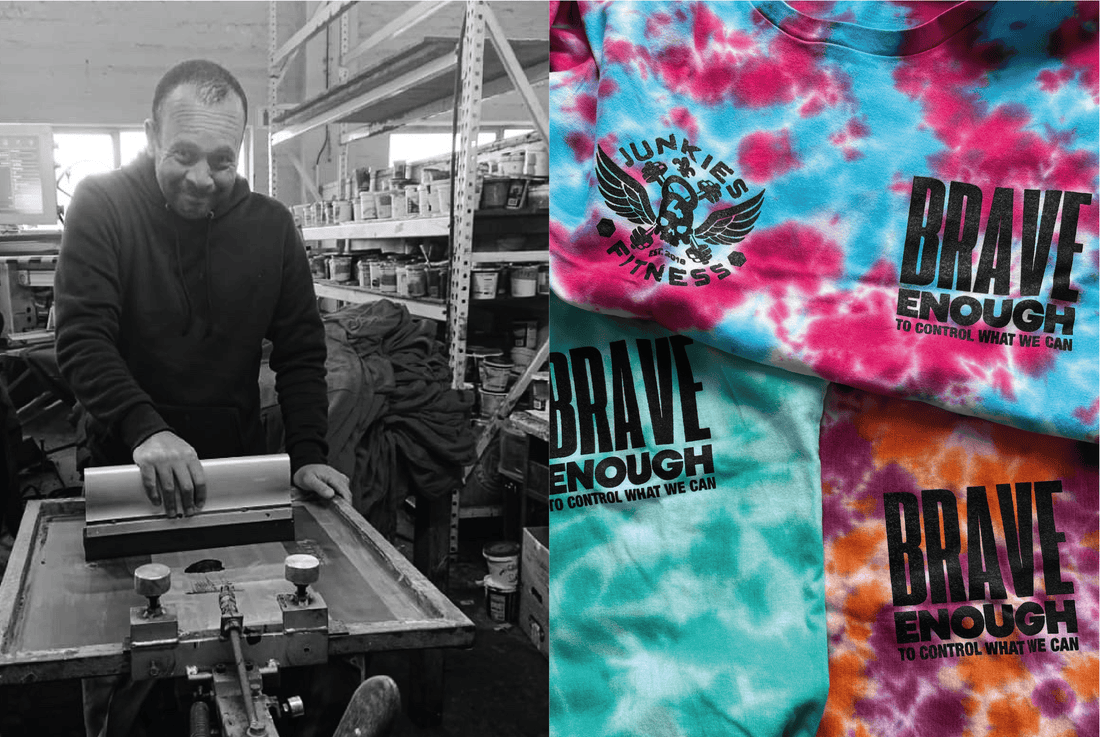 Our printer Shaheen and an image of the Tie-dye print run onto t-shirts.