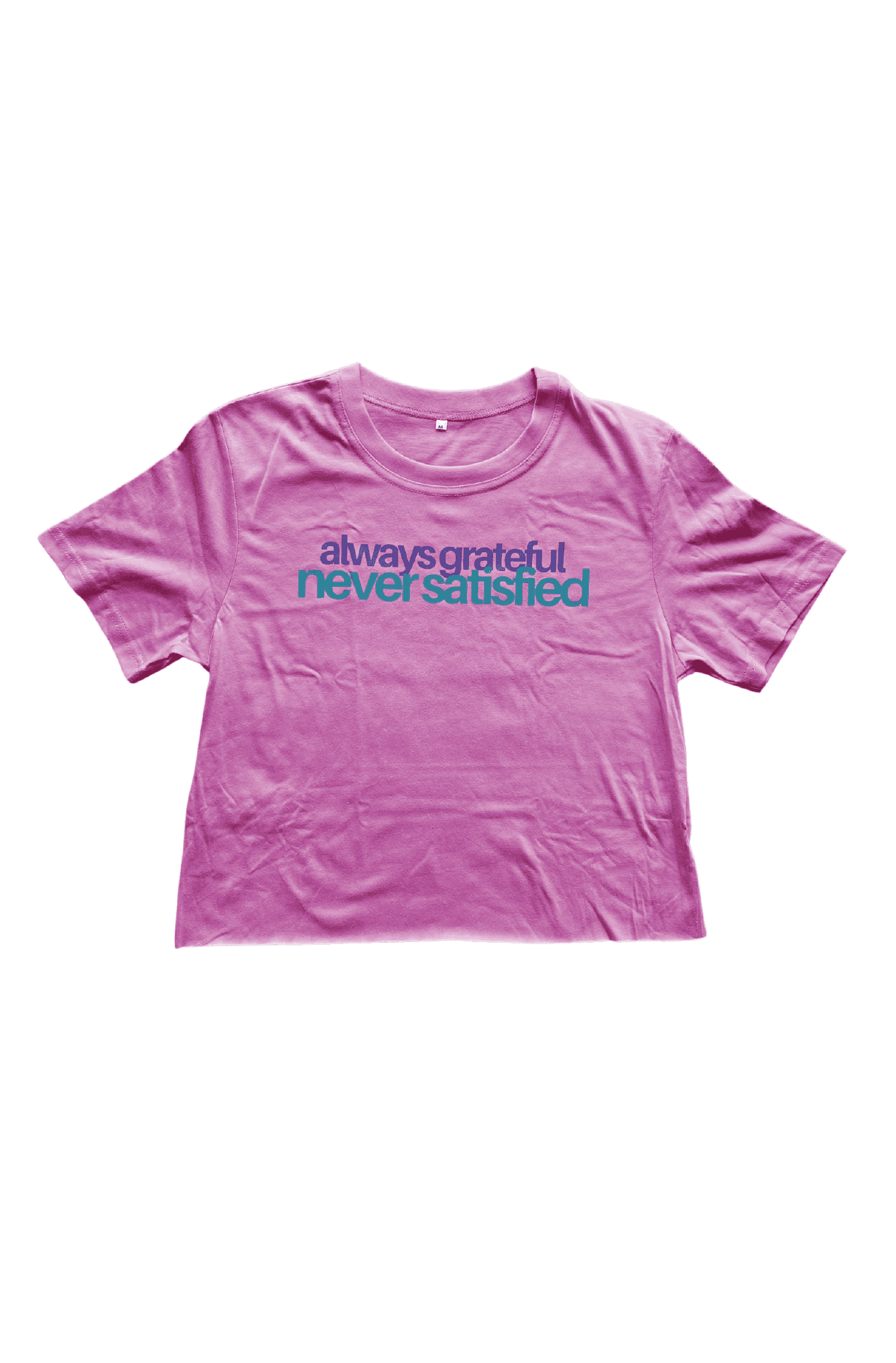 Pink crop top with typographic print on the front in lilac and turquoise