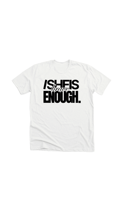 Typographic design with the phrase SHE IS ENOUGH on a unisex white t-shirt