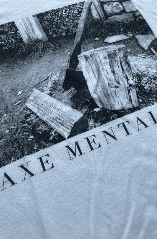 Close up of the digital axe mentality print on a white t-shirt