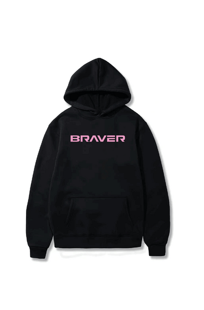 Black hoody with braver text in pink