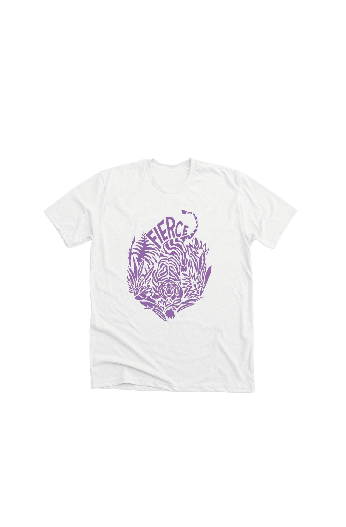 White unisex 100% cotton tshirt with illustration of a tiger in color purple