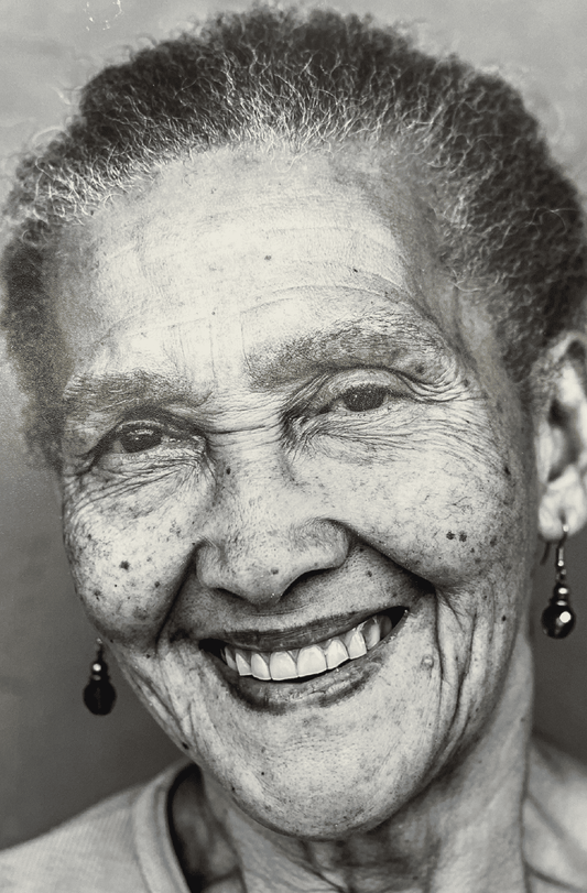 Portrait in black and white of a retired South African woman