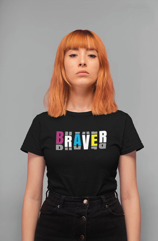 woman with red hair wearing black unisex tshirt with graphic text