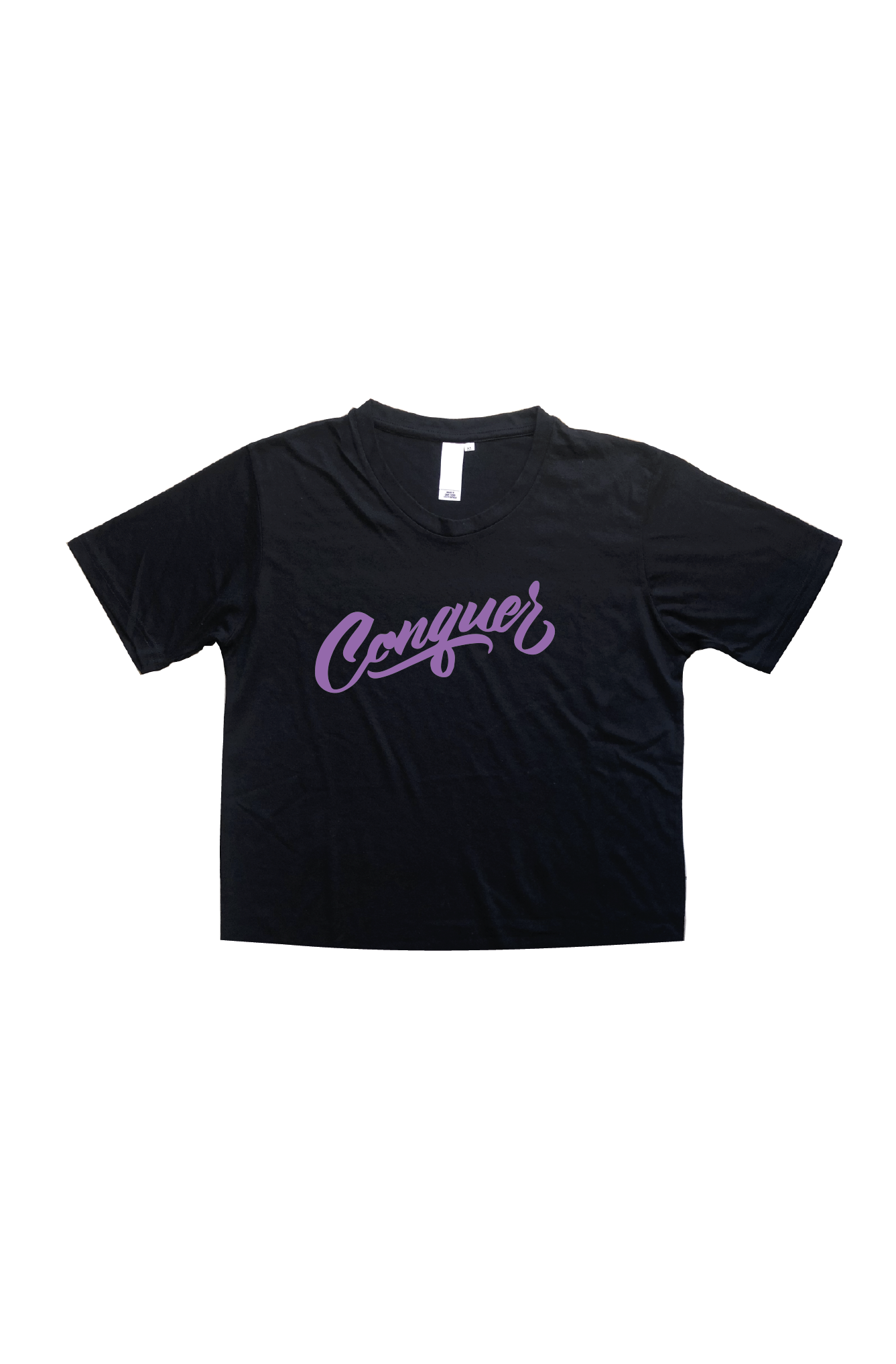 Black crop top with the word Conquer printed in the chest in lilac