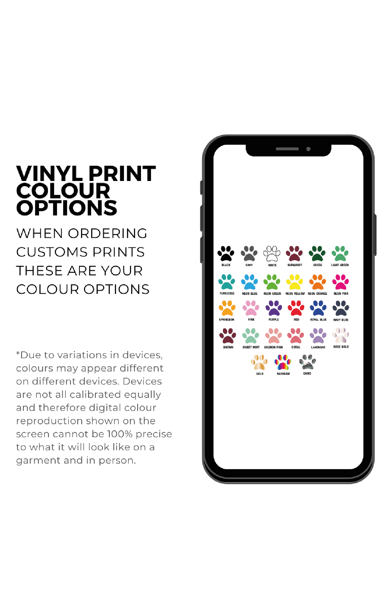 Vinyl print colour options sheet