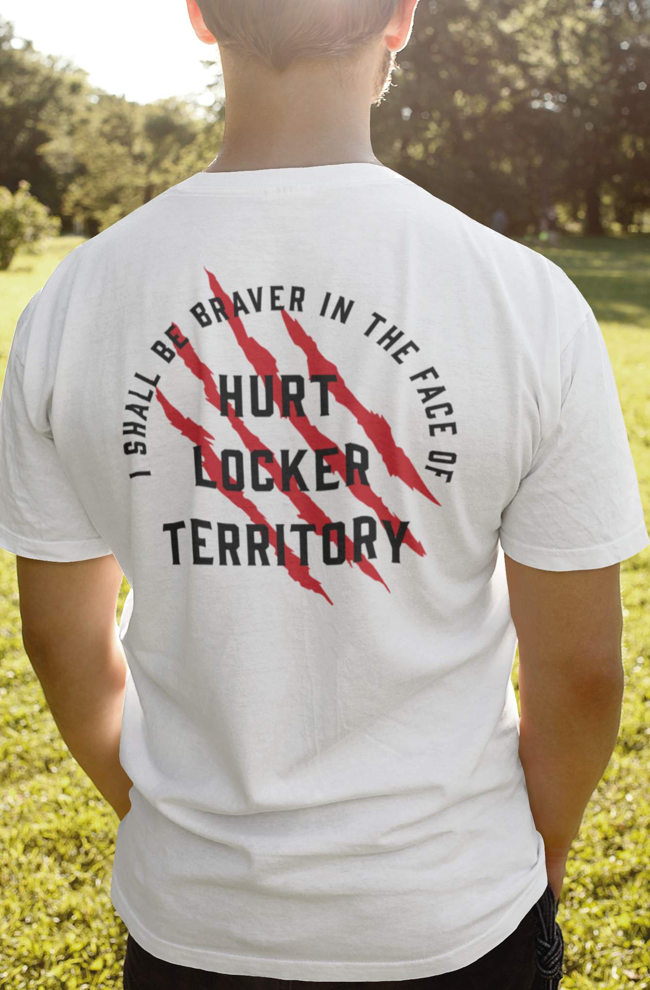 Back of a unisex white t-shirt with a typographic print in red and white