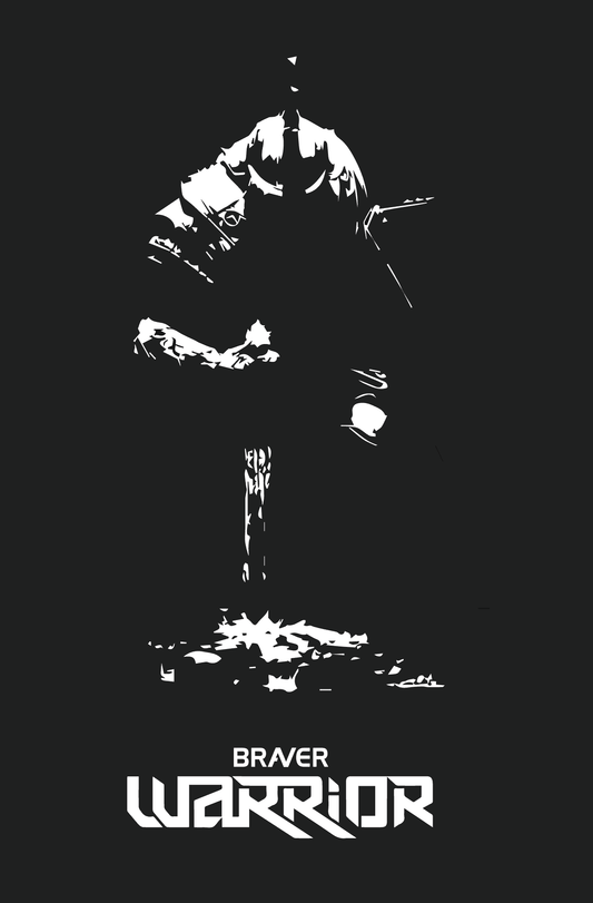 Silhouette of a Warrior figure in white on a black background