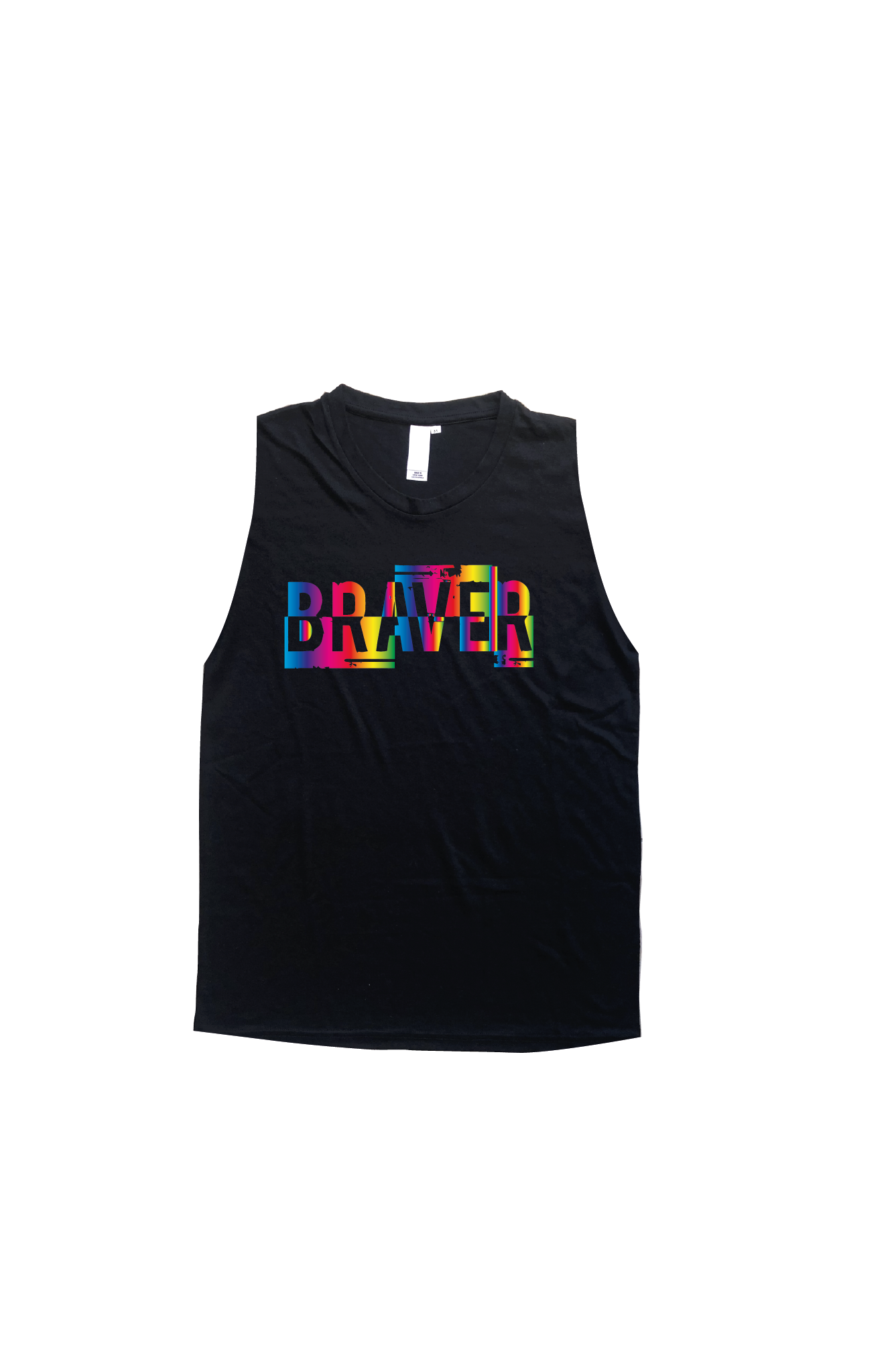 Black tank top with the word BRAVER on the chest in a rainbow print