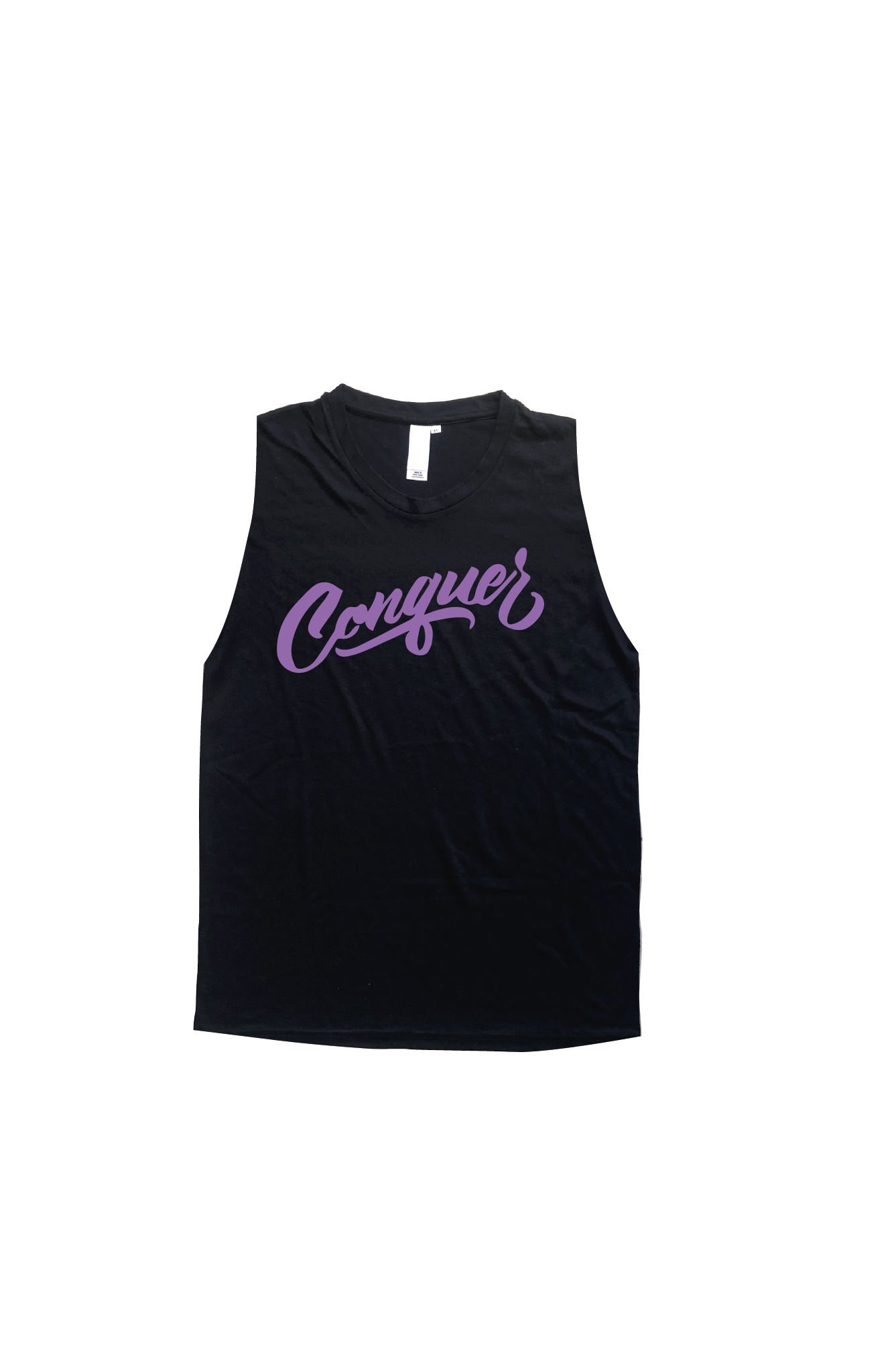 Black tank top with the word Conquer printed on the chest in lilac