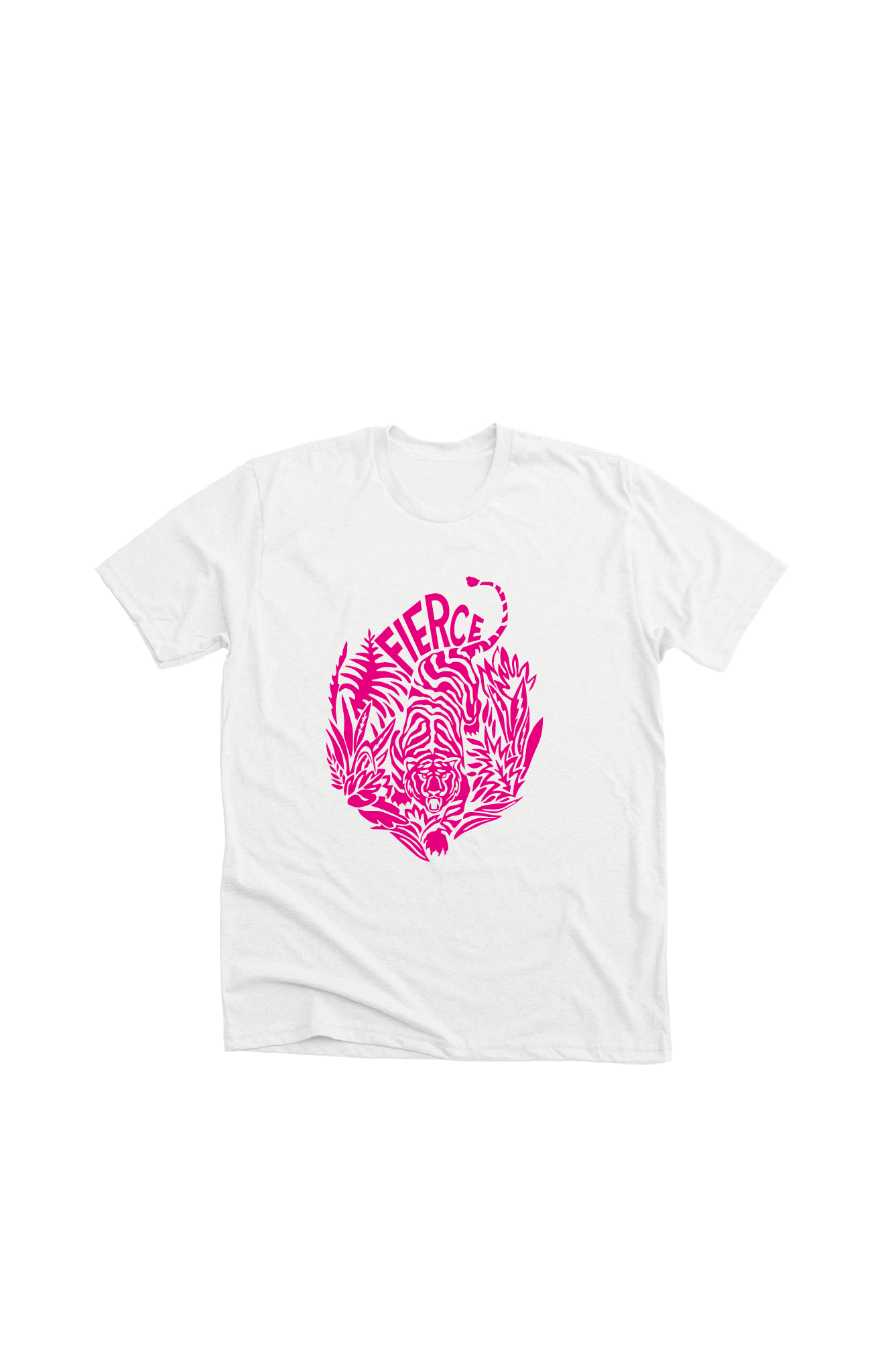 Unisex white t-shirt with a neon pink print of a tiger on the front