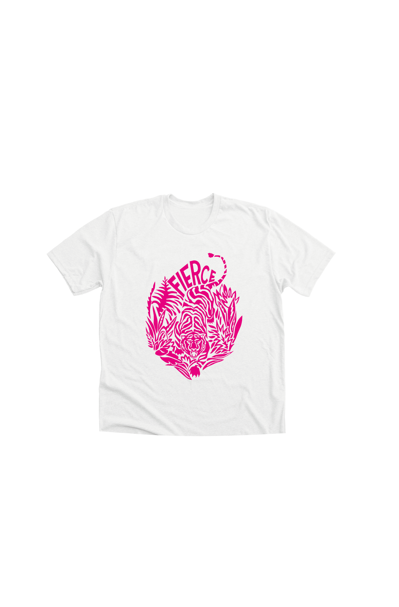 Ladies white crop top with a neon pink print of a tiger on the front