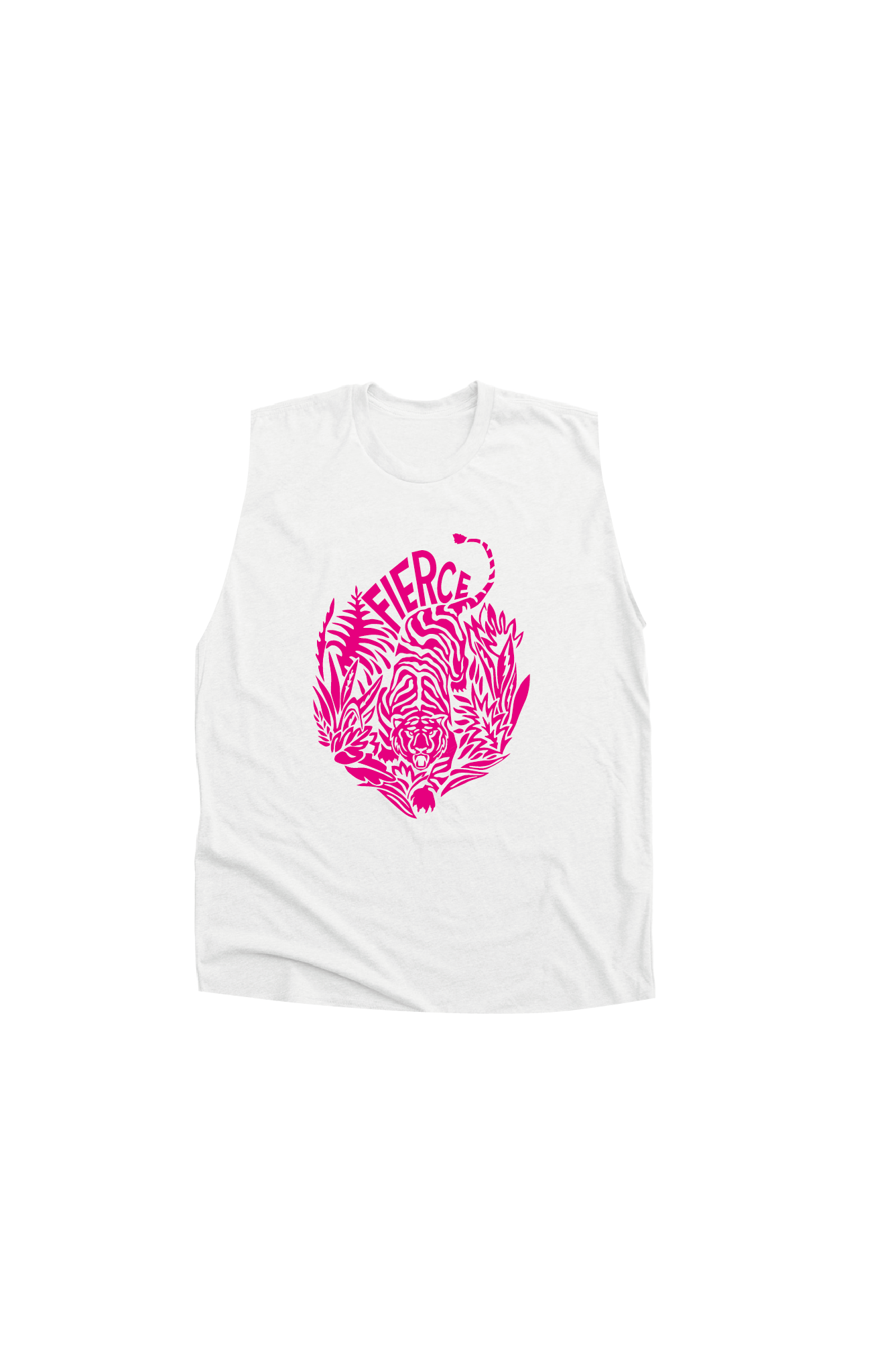Ladies white tank top with a light neon print of a tiger on the front