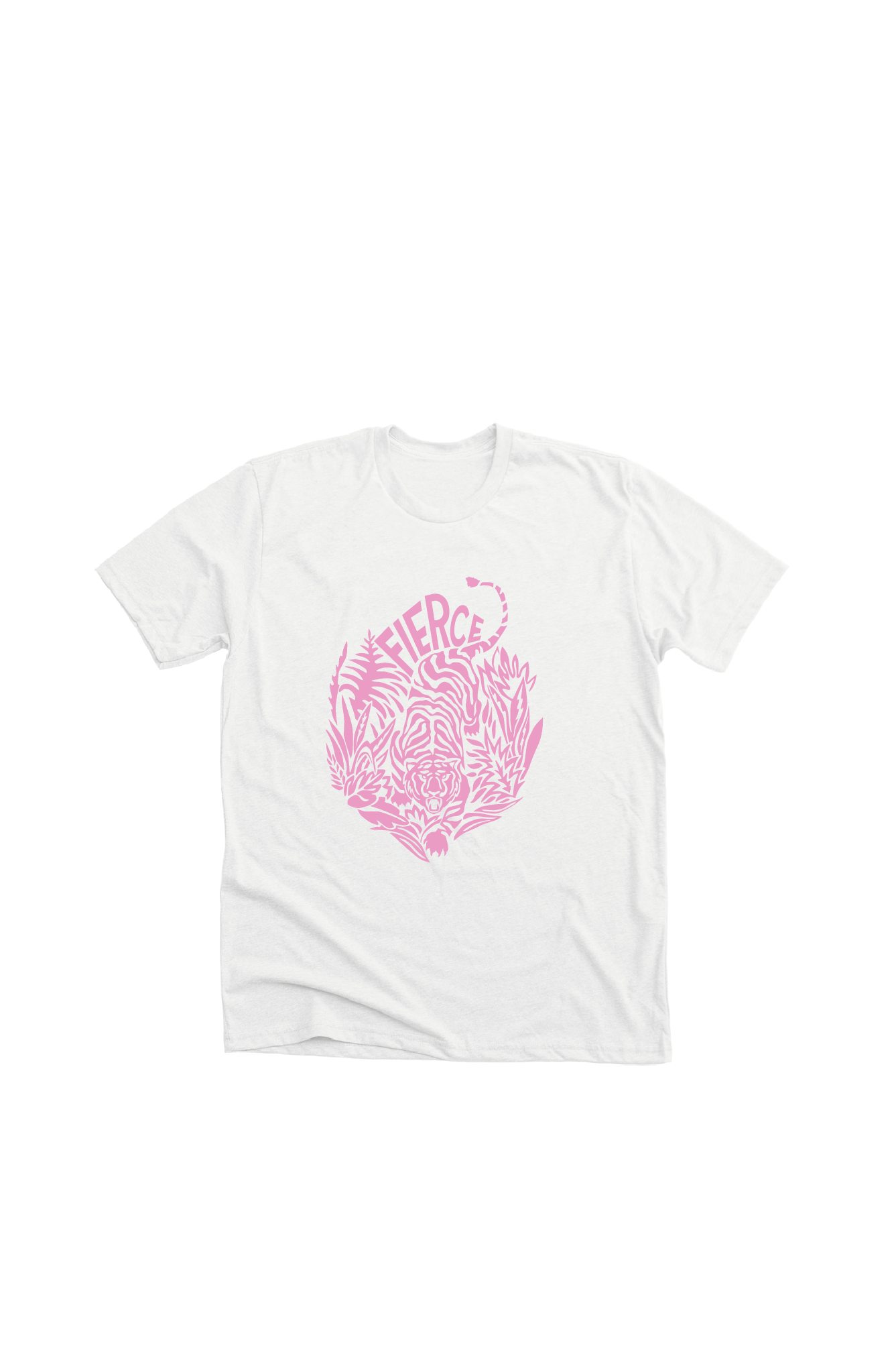 Unisex white t-shirt with a light pink print of a tiger on the front