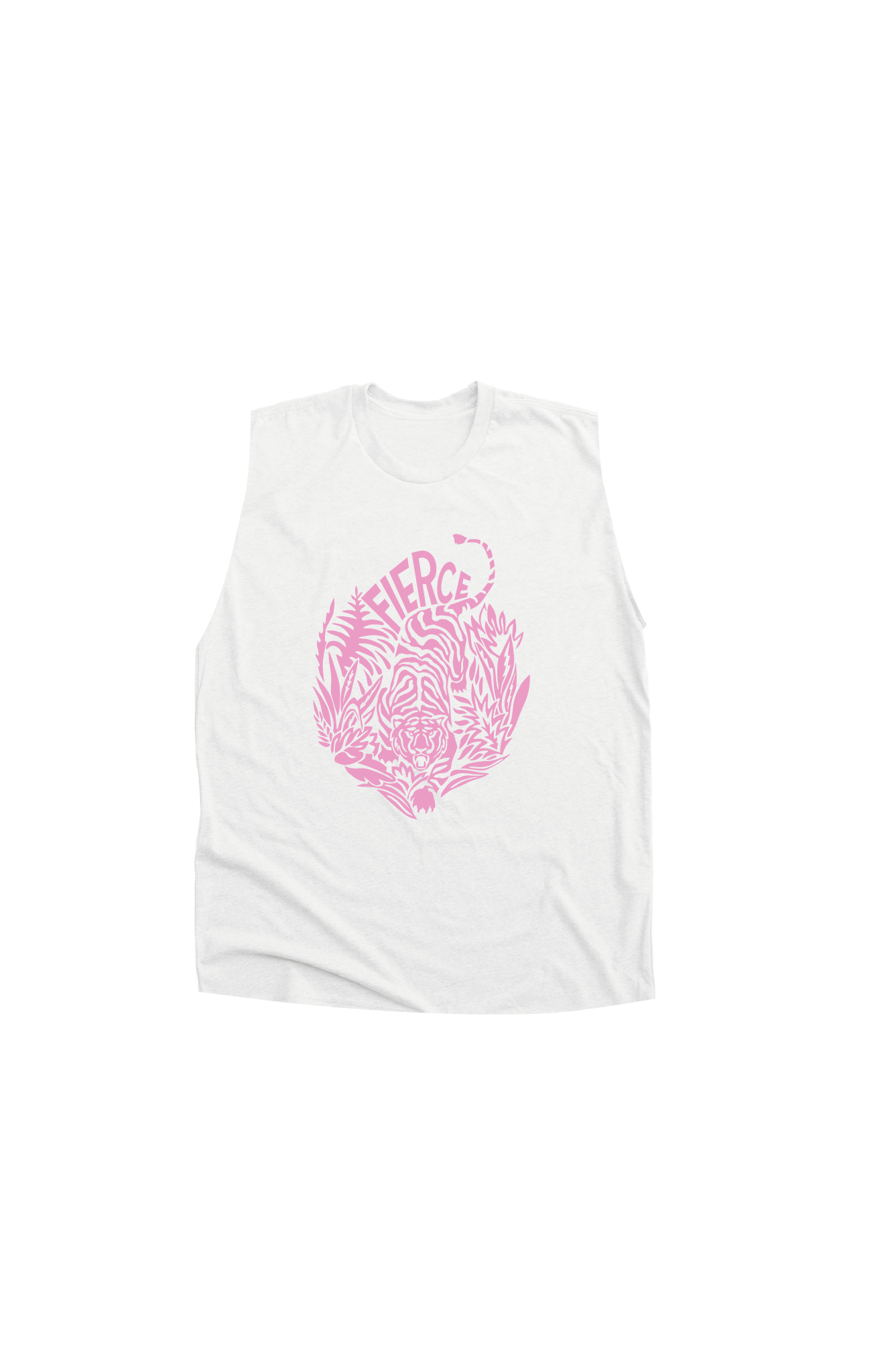 Ladies white tank top with a light pink print of a tiger on the front