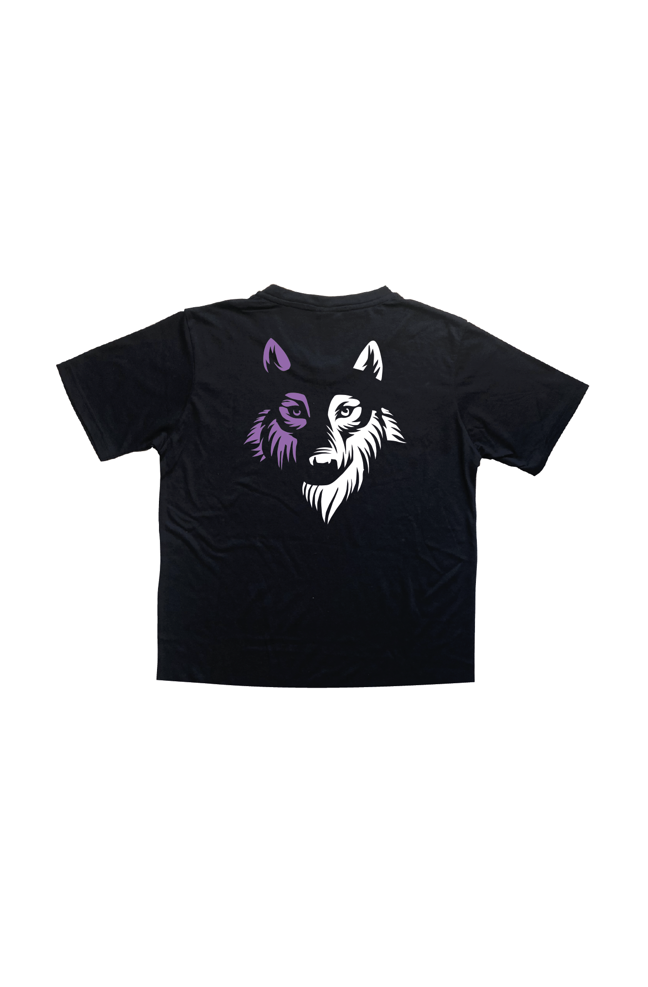 Black crop top pictured from the back with a print of a wolf on in white and lilac