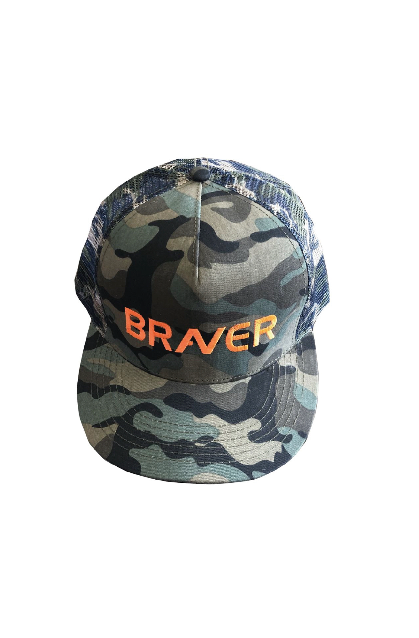 Camo flat peak cap with BRAVER text on in orange embroidery 