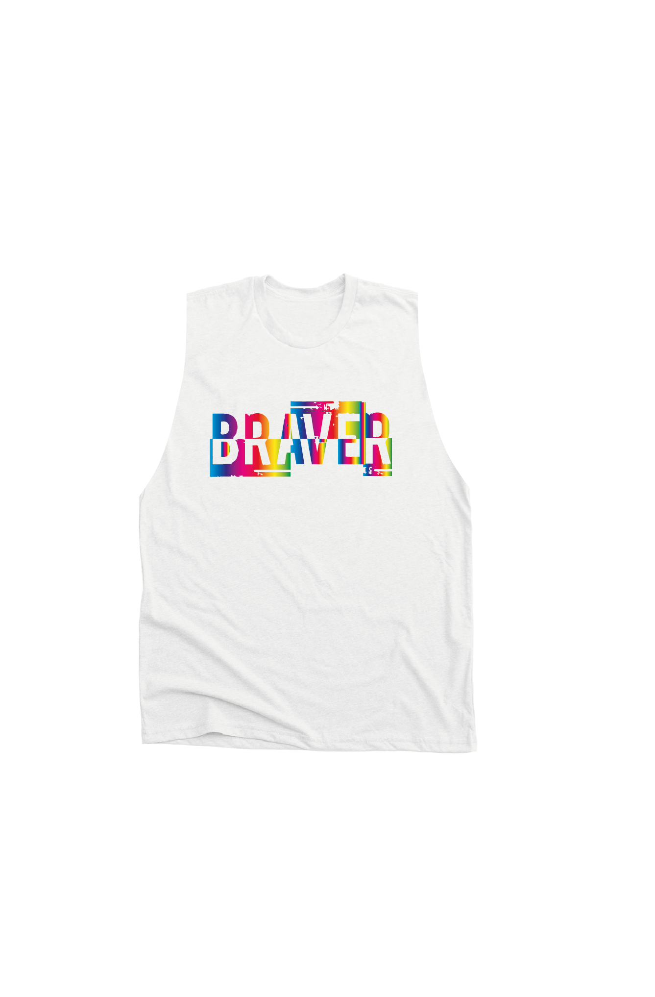 White tank top with the word BRAVER on the chest printed in a rainbow colour way